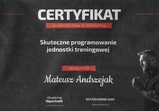 Certyfikat Jak programować trening, Akademia Hipertrofii, 2022